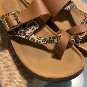 Glitter Leopard Buckle Strap Faux Leather Sandals